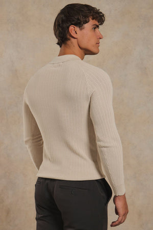 Textured Knitted Open Collar Polo Shirt in Alabaster