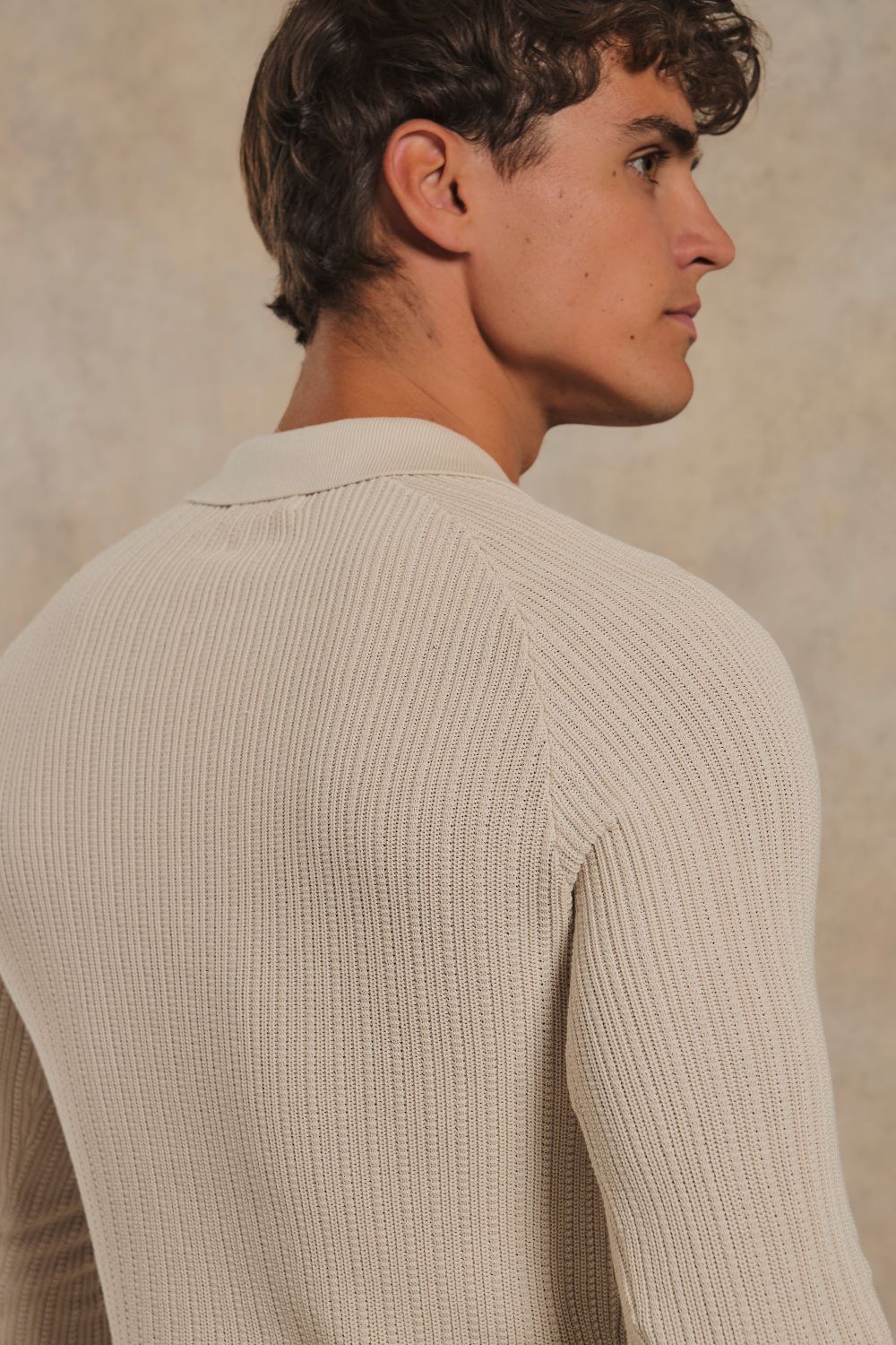 Textured Knitted Open Collar Polo Shirt in Alabaster