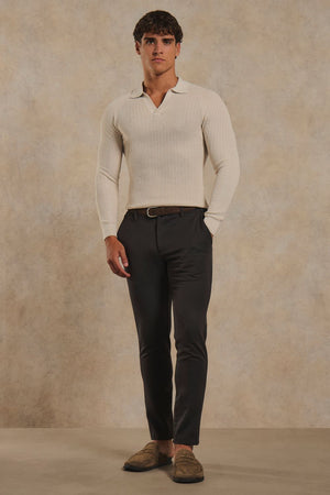 Textured Knitted Open Collar Polo Shirt in Alabaster
