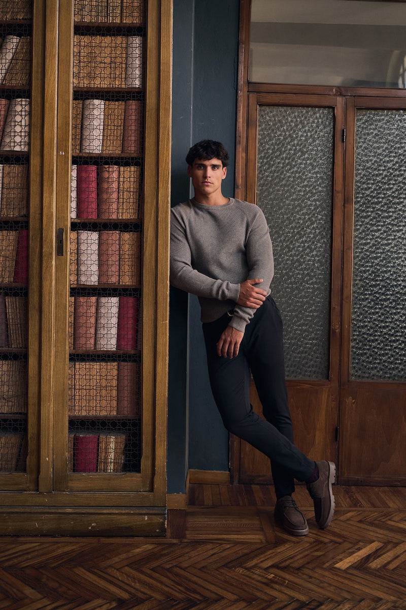 Pure Cotton Knitted Textured Crew Neck Jumper in Brown Marl