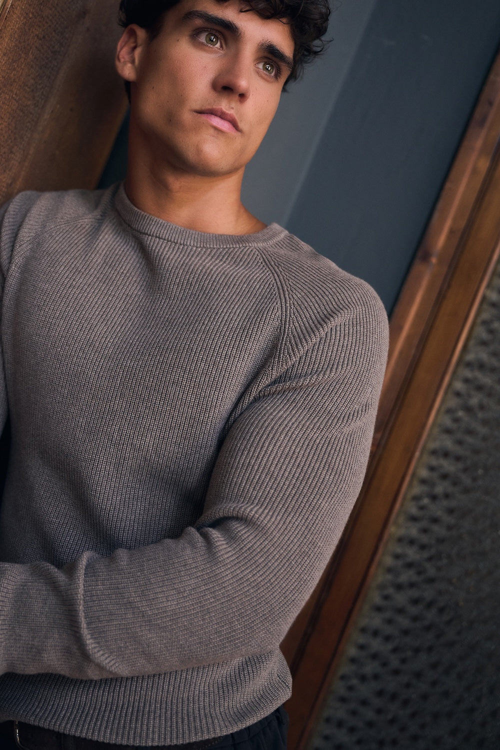 Pure Cotton Knitted Textured Crew Neck Jumper in Brown Marl