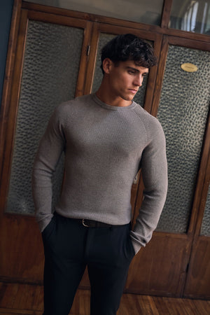 Pure Cotton Knitted Textured Crew Neck Jumper in Brown Marl