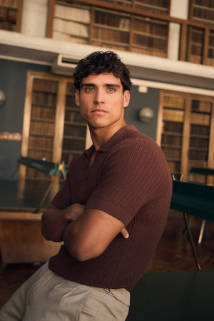 Textured Knitted Open Collar Polo Shirt in Brick
