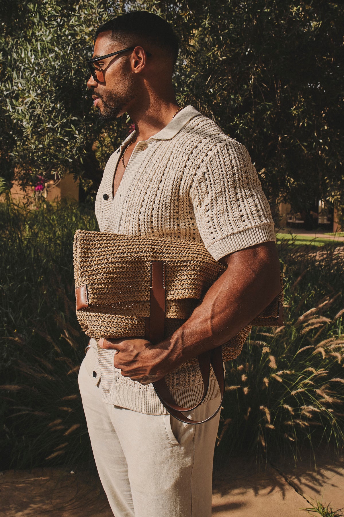 Vertical Stripe Crochet Knitted Shirt in Neutral