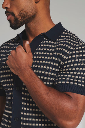 Two Tone Crochet Knitted Shirt in Navy and Stone