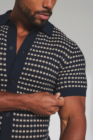 Two Tone Crochet Knitted Shirt in Navy and Stone