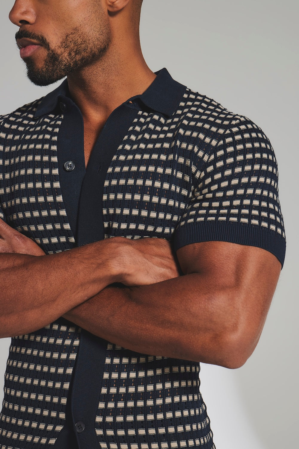 Two Tone Crochet Knitted Shirt in Navy and Stone