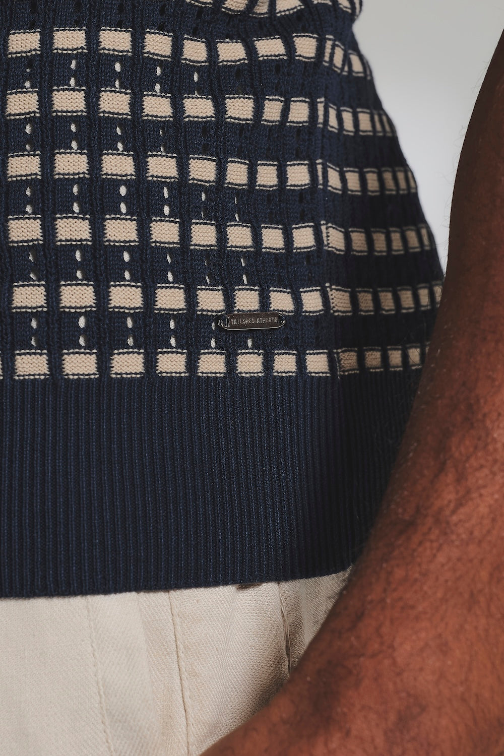 Two Tone Crochet Knitted Shirt in Navy and Stone