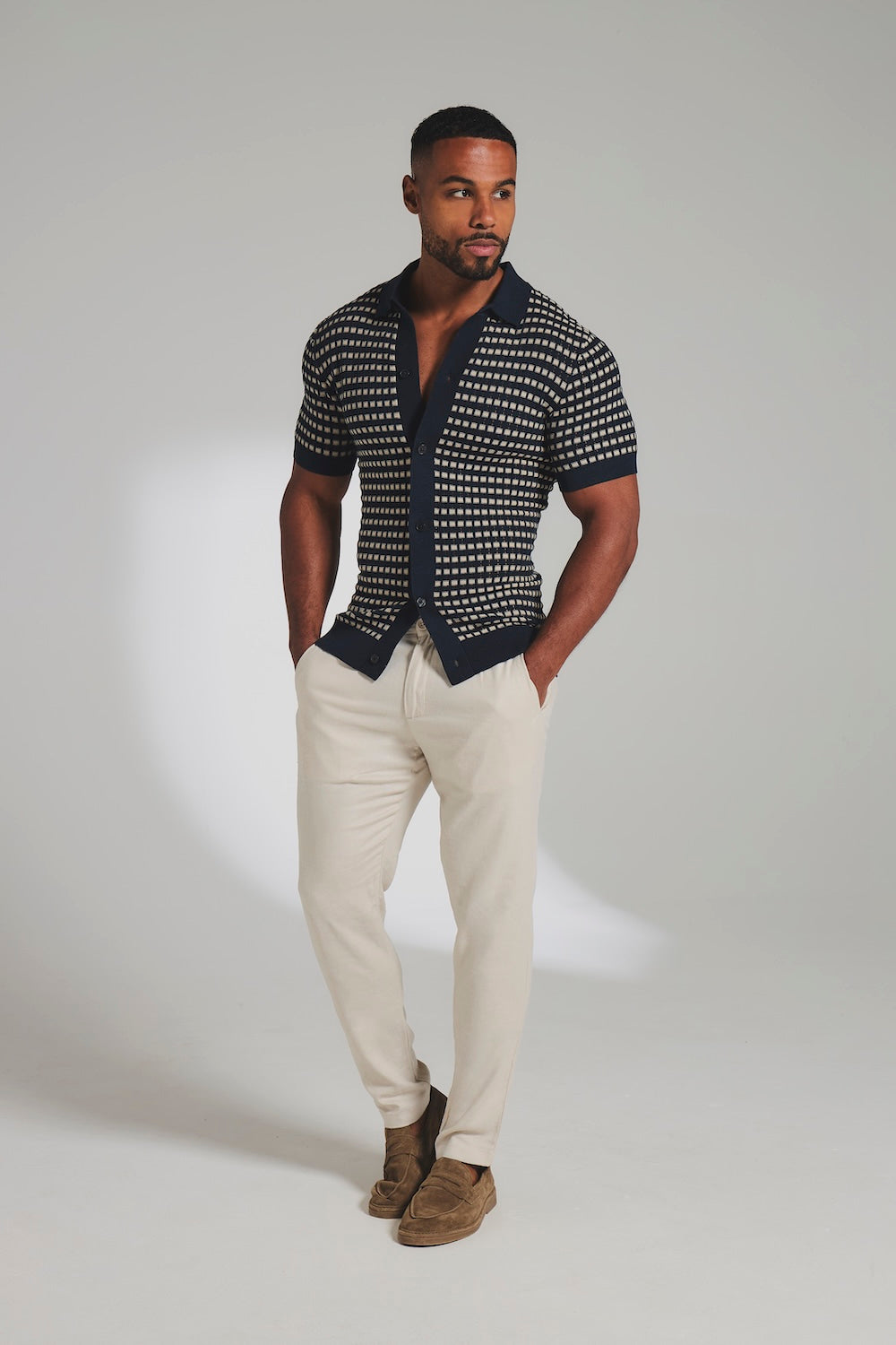 Two Tone Crochet Knitted Shirt in Navy and Stone