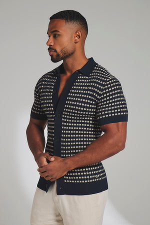 Two Tone Crochet Knitted Shirt in Navy and Stone