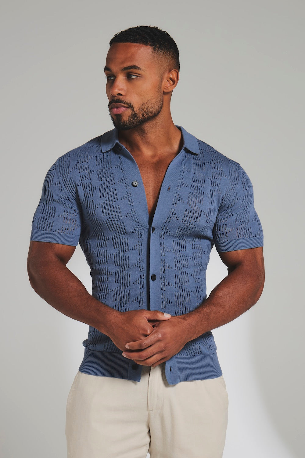 Geo Crochet Knitted Shirt in Slate Blue