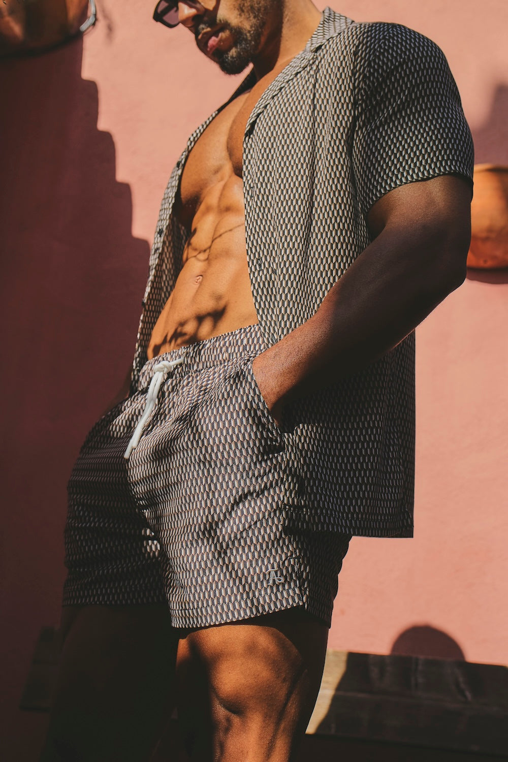 Quick Dry Printed Micro Geo Swim Shorts in Black