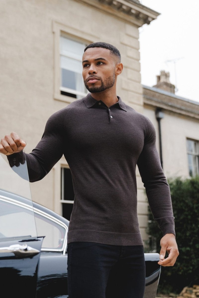 Merino Polo Shirt in Bitter Chocolate Marl - TAILORED ATHLETE - ROW