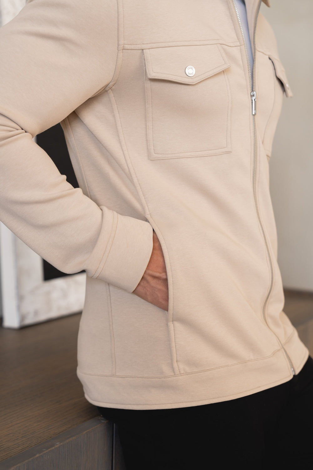 Interlock Jersey Zip Through Shacket in Stone