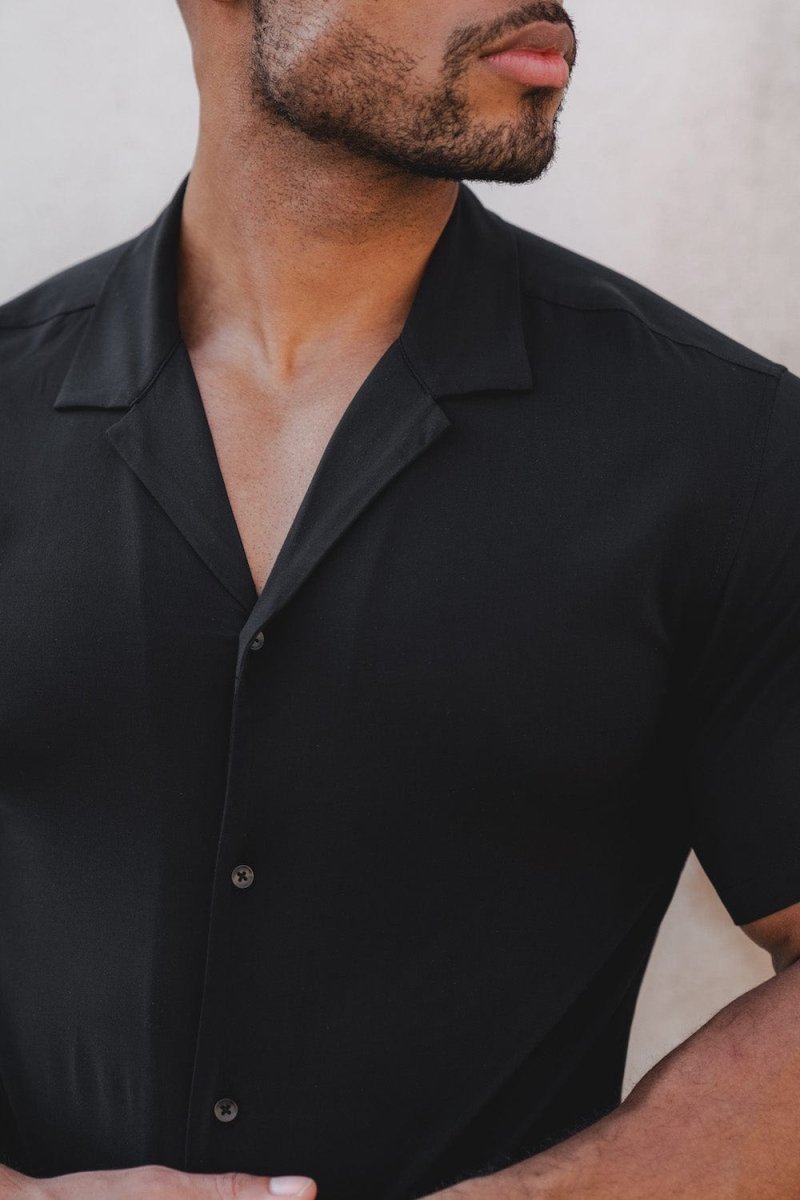 Muscle Fit Short Sleeve Viscose Shirt in Black - TAILORED ATHLETE - ROW