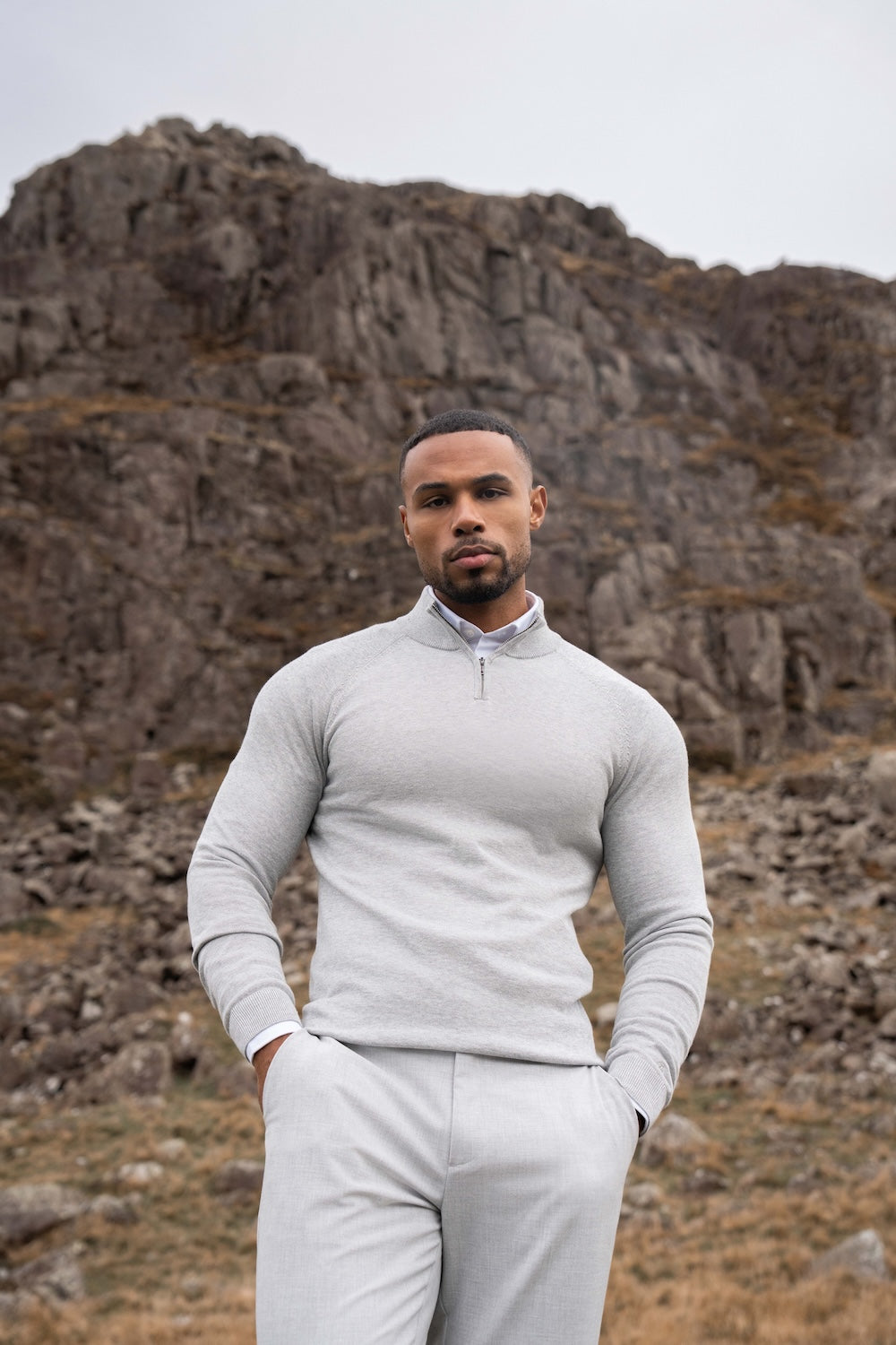 Pure Cotton Knitted Half Zip Neck Jumper in Silver Grey Marl