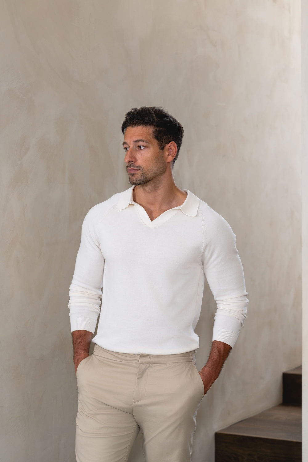Pure Cotton Knitted Open Collar Polo Shirt in Winter White