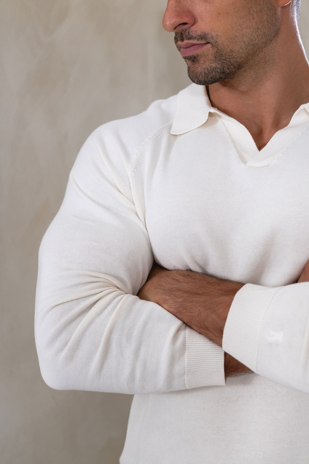 Pure Cotton Knitted Open Collar Polo Shirt in Winter White