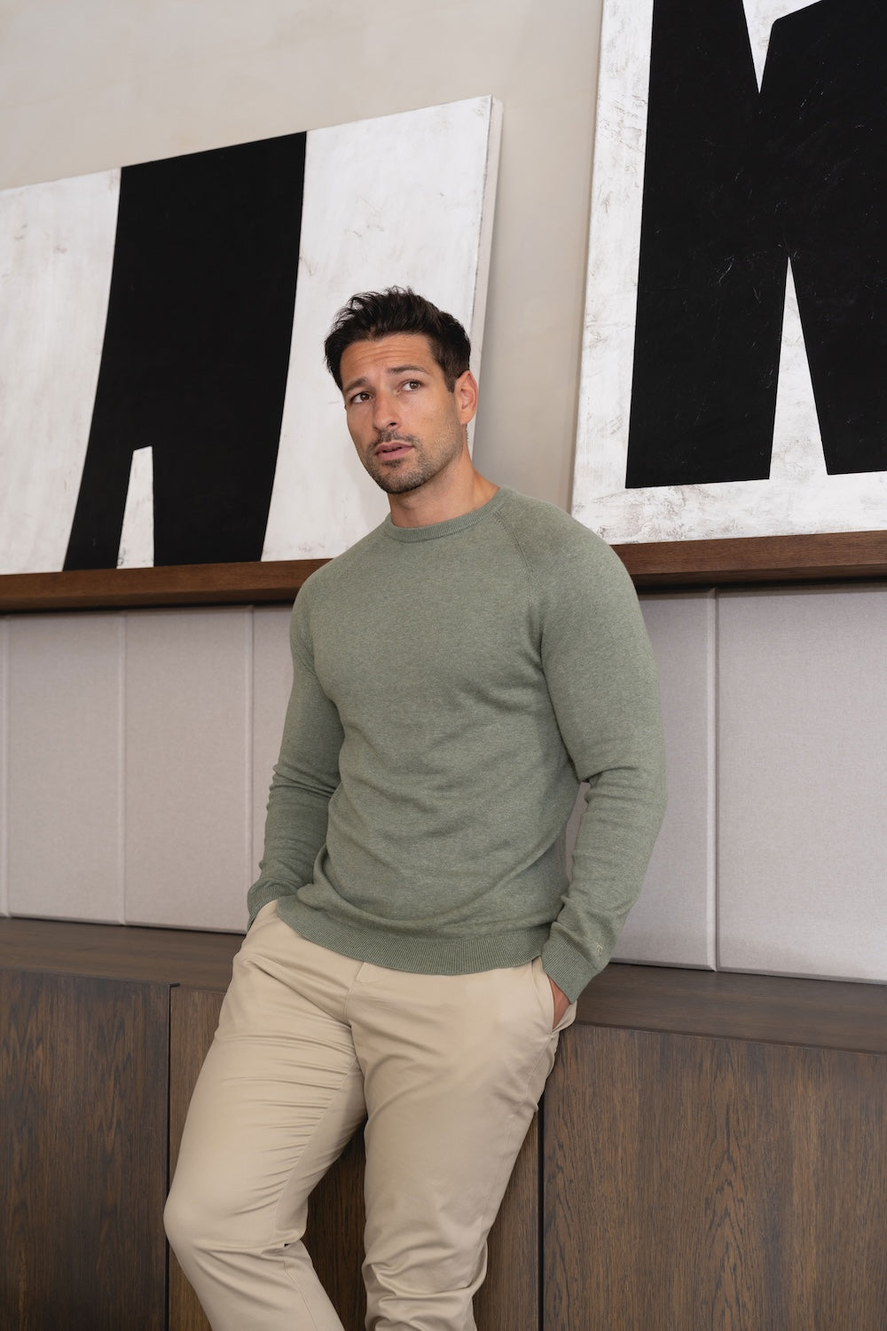 Pure Cotton Knitted Crew Neck Jumper in Sage Marl