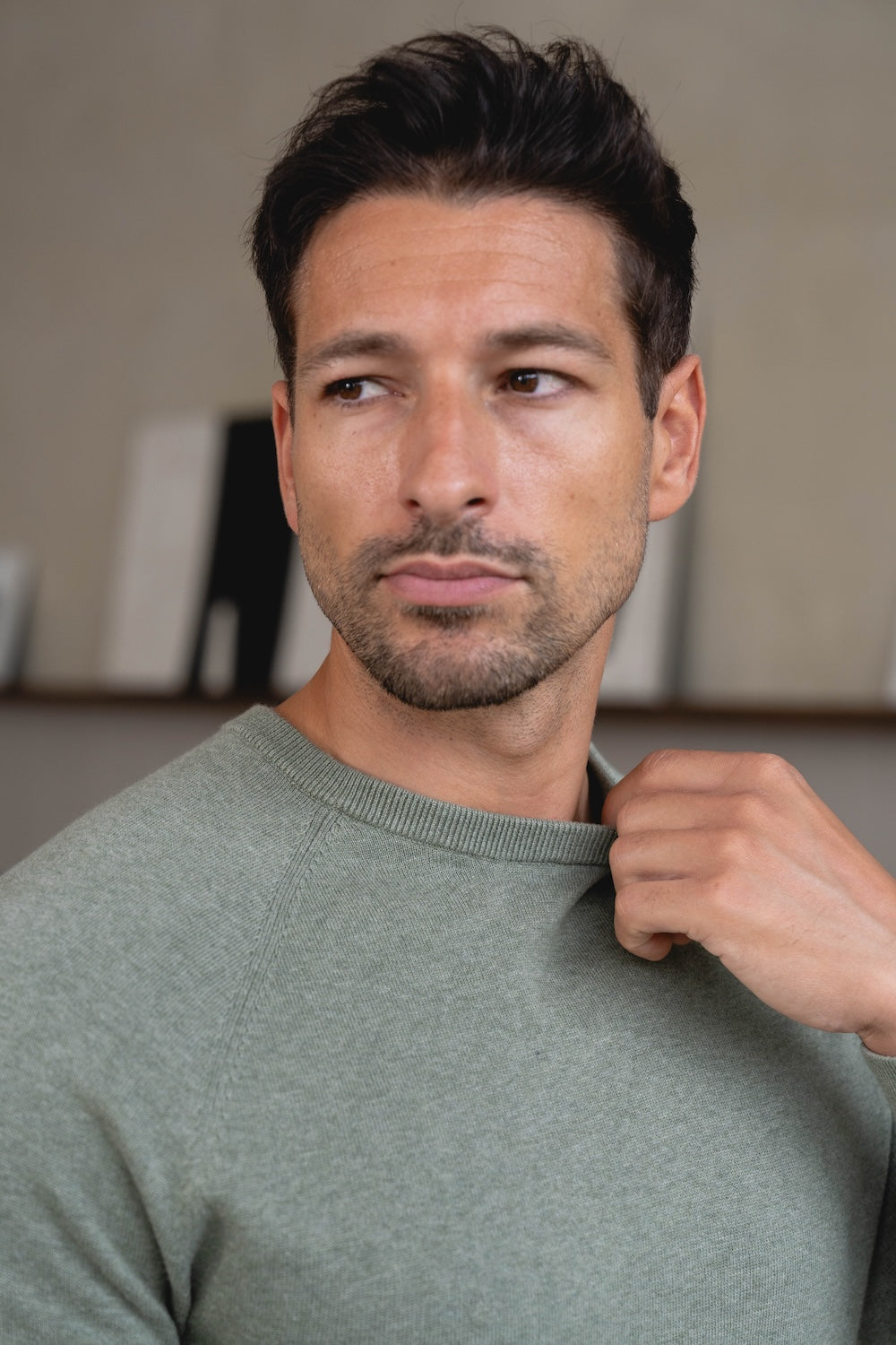 Pure Cotton Knitted Crew Neck Jumper in Sage Marl