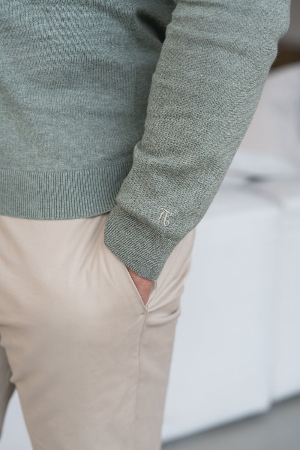 Pure Cotton Knitted Crew Neck Jumper in Sage Marl