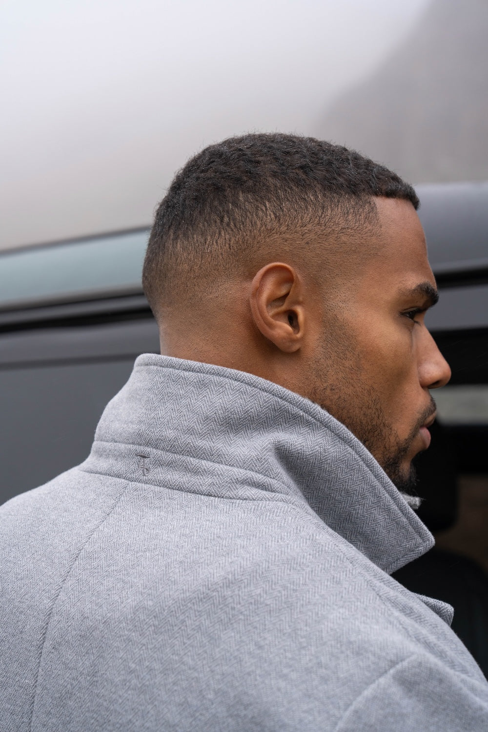 Double Breasted Herringbone Peacoat in Soft Grey