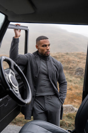 Herringbone Funnel Neck Overcoat in Charcoal