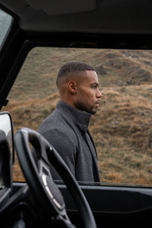 Herringbone Funnel Neck Overcoat in Charcoal