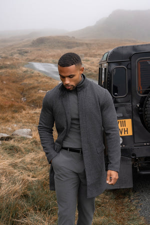 Herringbone Funnel Neck Overcoat in Charcoal
