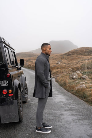 Herringbone Funnel Neck Overcoat in Charcoal