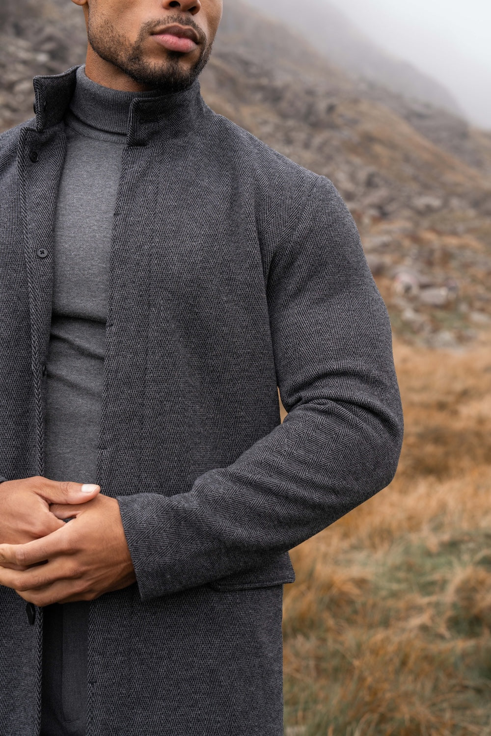 Herringbone Funnel Neck Overcoat in Charcoal