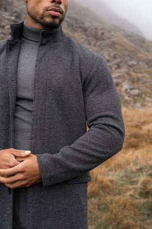 Herringbone Funnel Neck Overcoat in Charcoal
