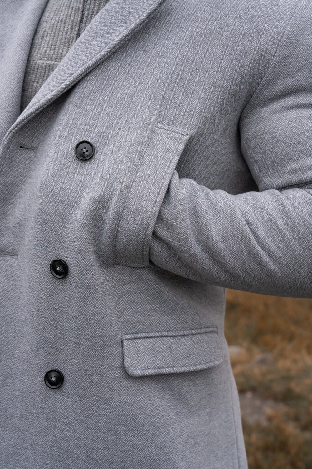 Double Breasted Herringbone Peacoat in Soft Grey