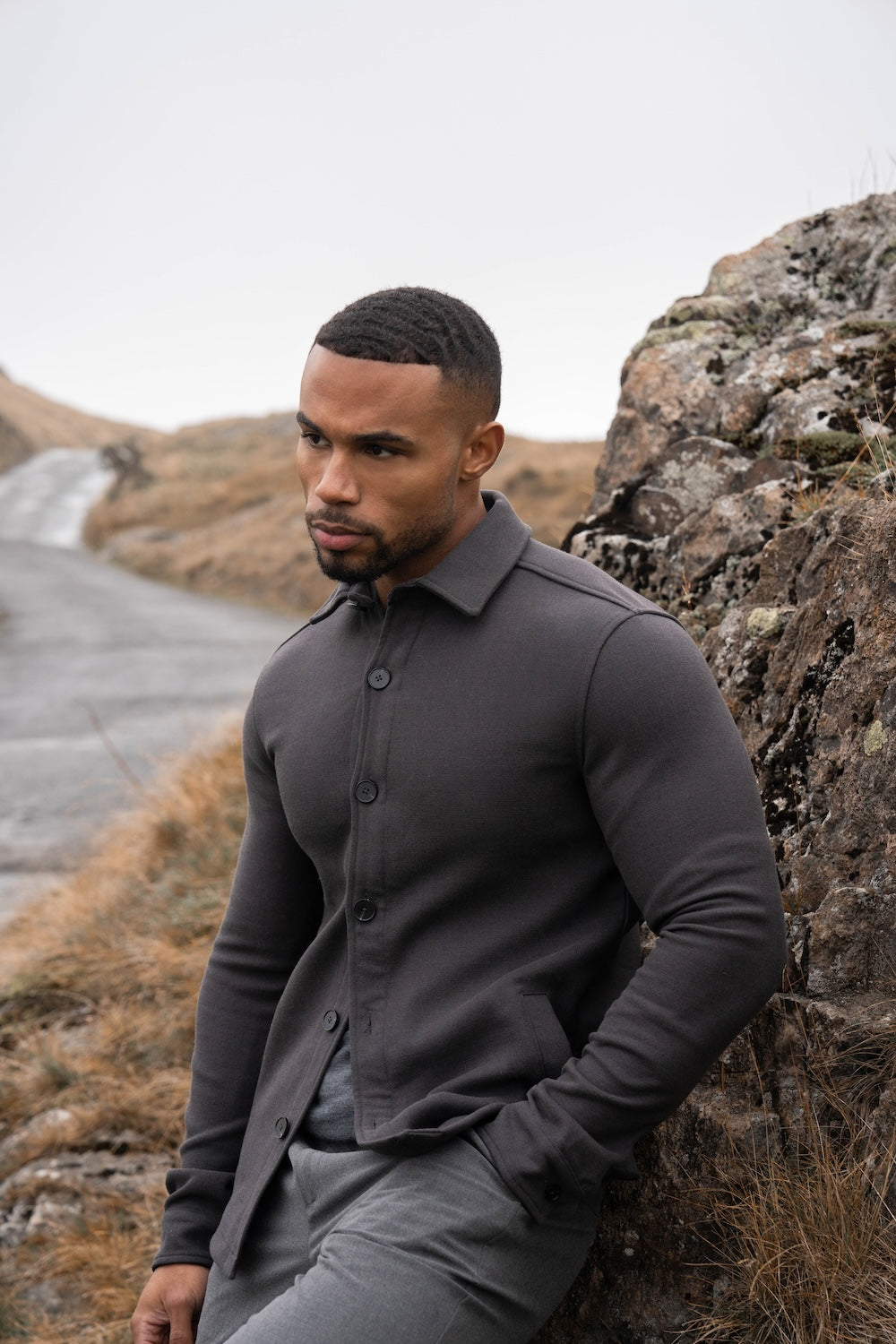 Melange Woven Shacket in Dark Charcoal