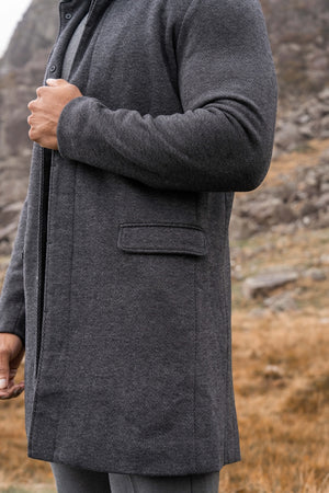 Herringbone Funnel Neck Overcoat in Charcoal