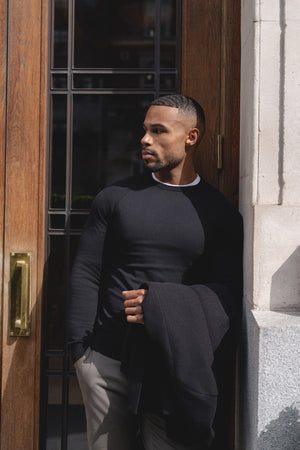 Pure Cotton Knitted Crew Neck Jumper in Black