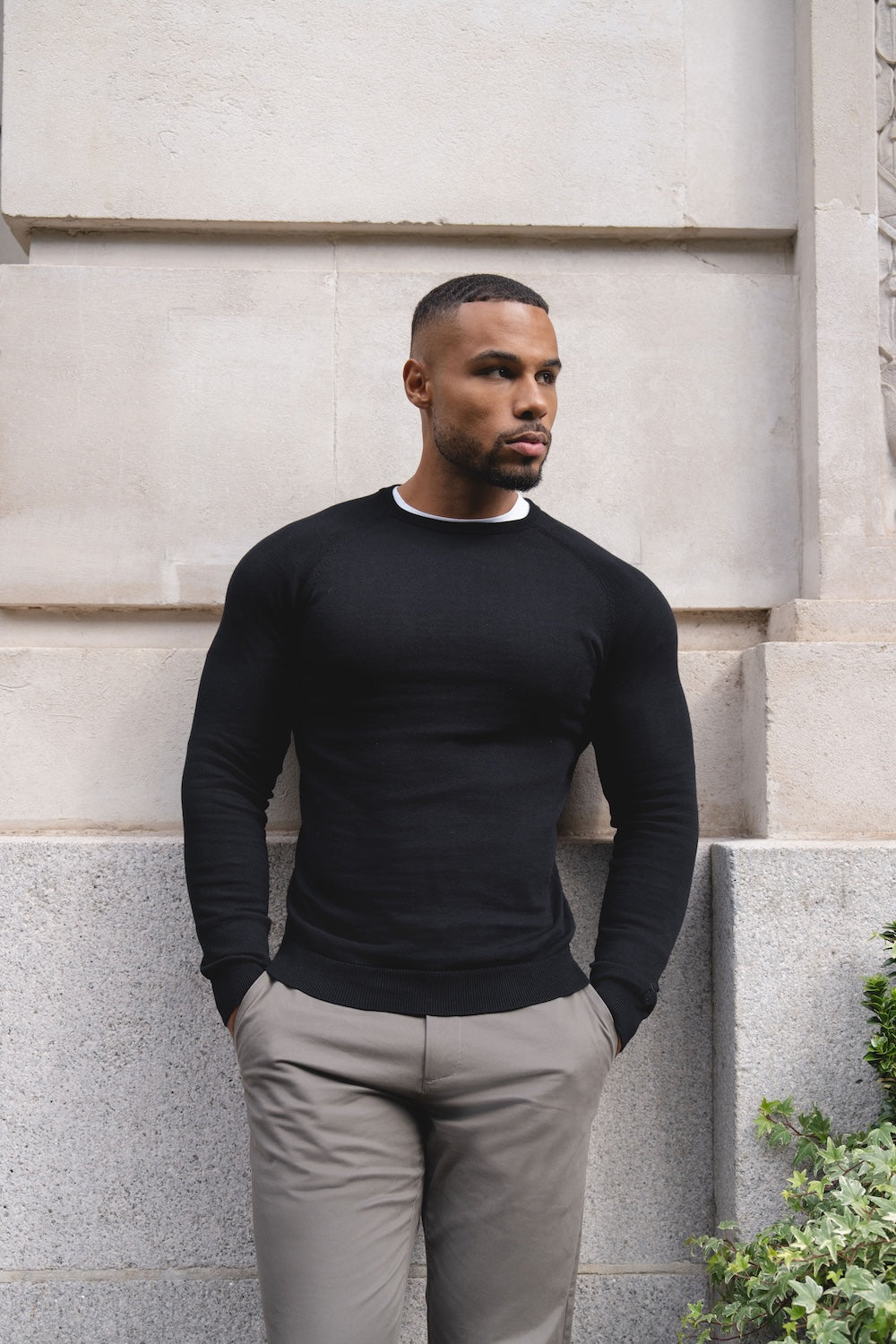 Pure Cotton Knitted Crew Neck Jumper in Black