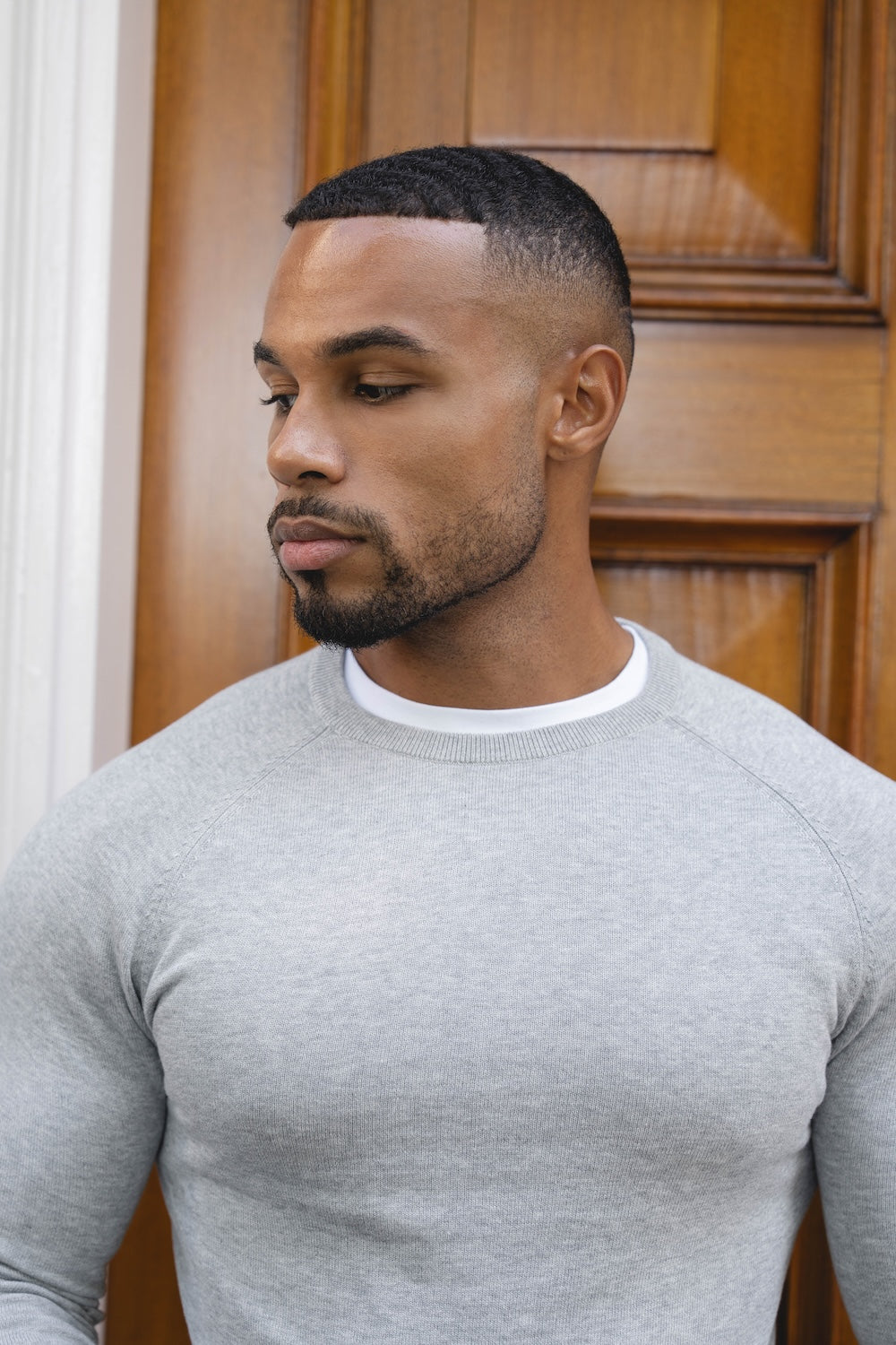 Pure Cotton Knitted Crew Neck Jumper in Silver Grey Marl