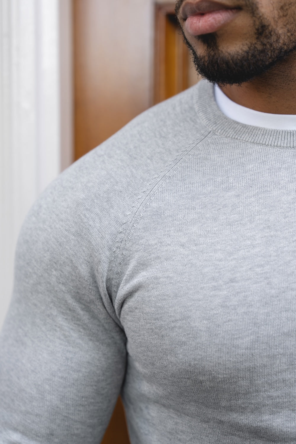 Pure Cotton Knitted Crew Neck Jumper in Silver Grey Marl