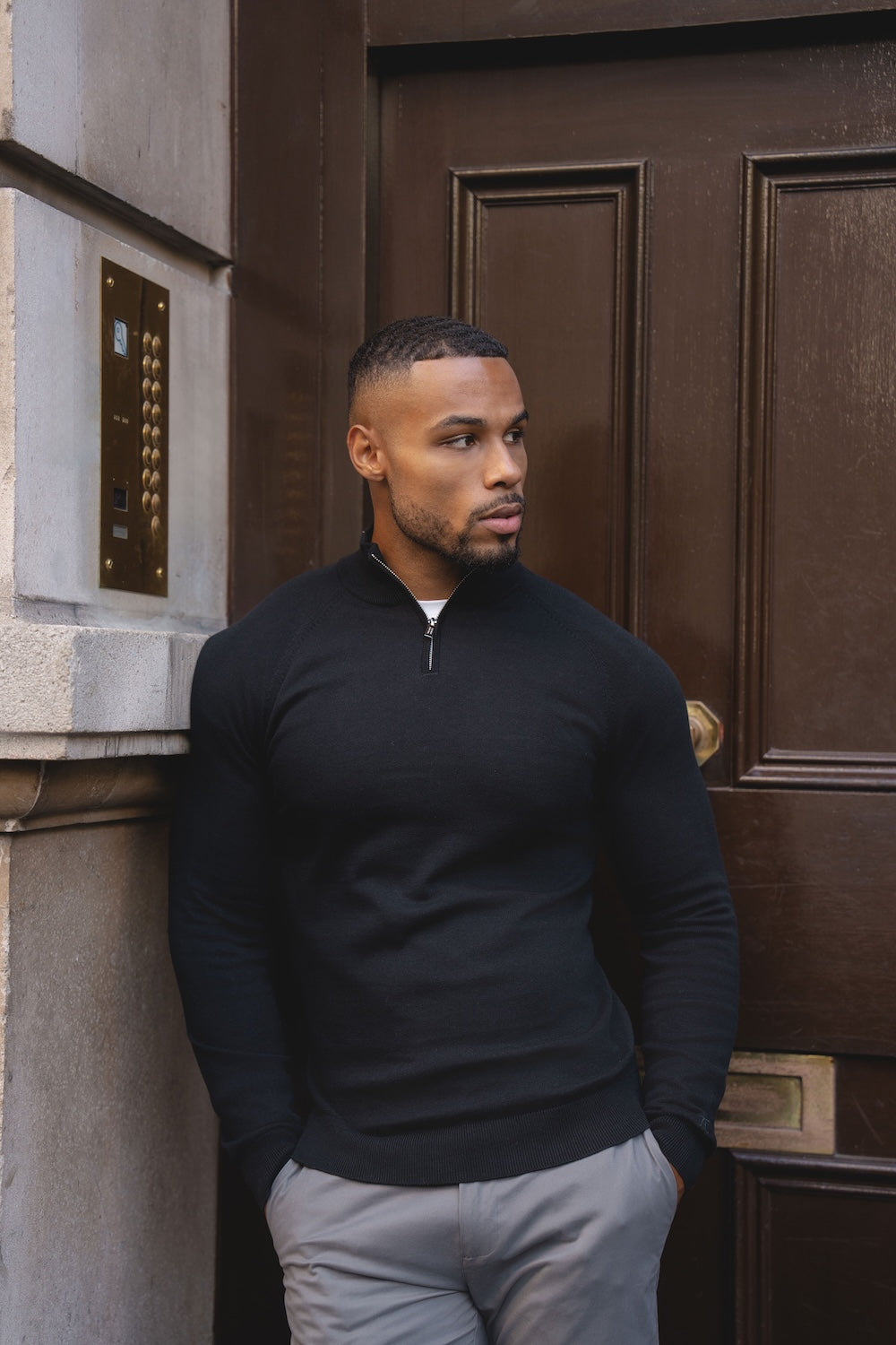 Pure Cotton Knitted Half Zip Neck Jumper in Black