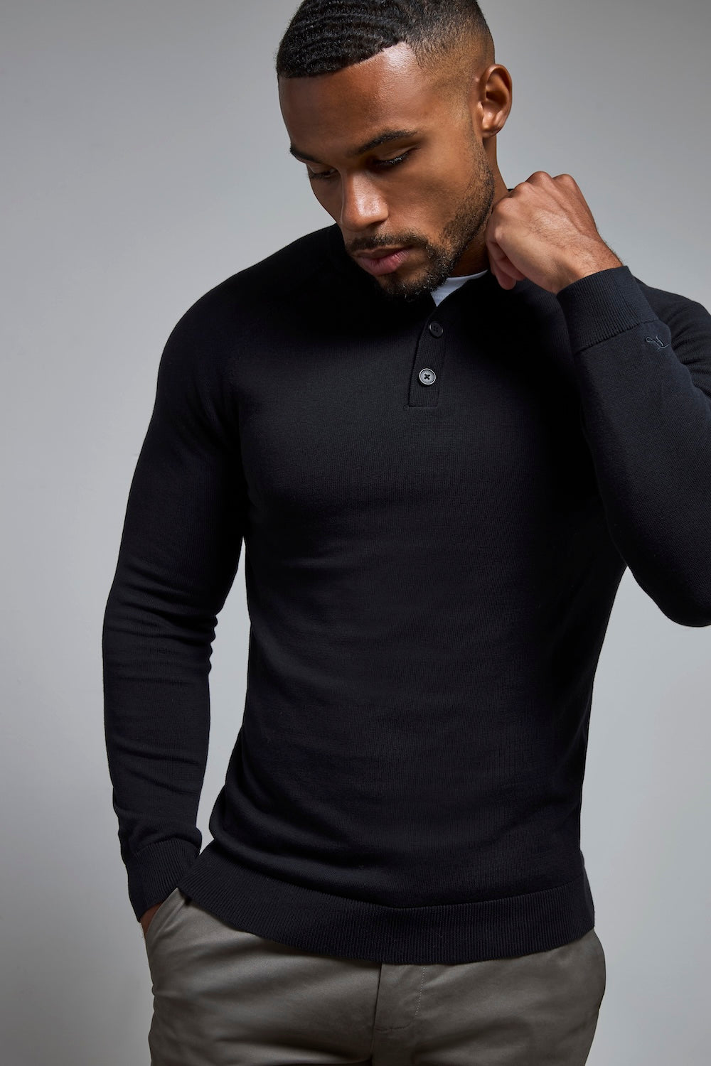 Pure Cotton Knitted Button Neck Jumper in Black