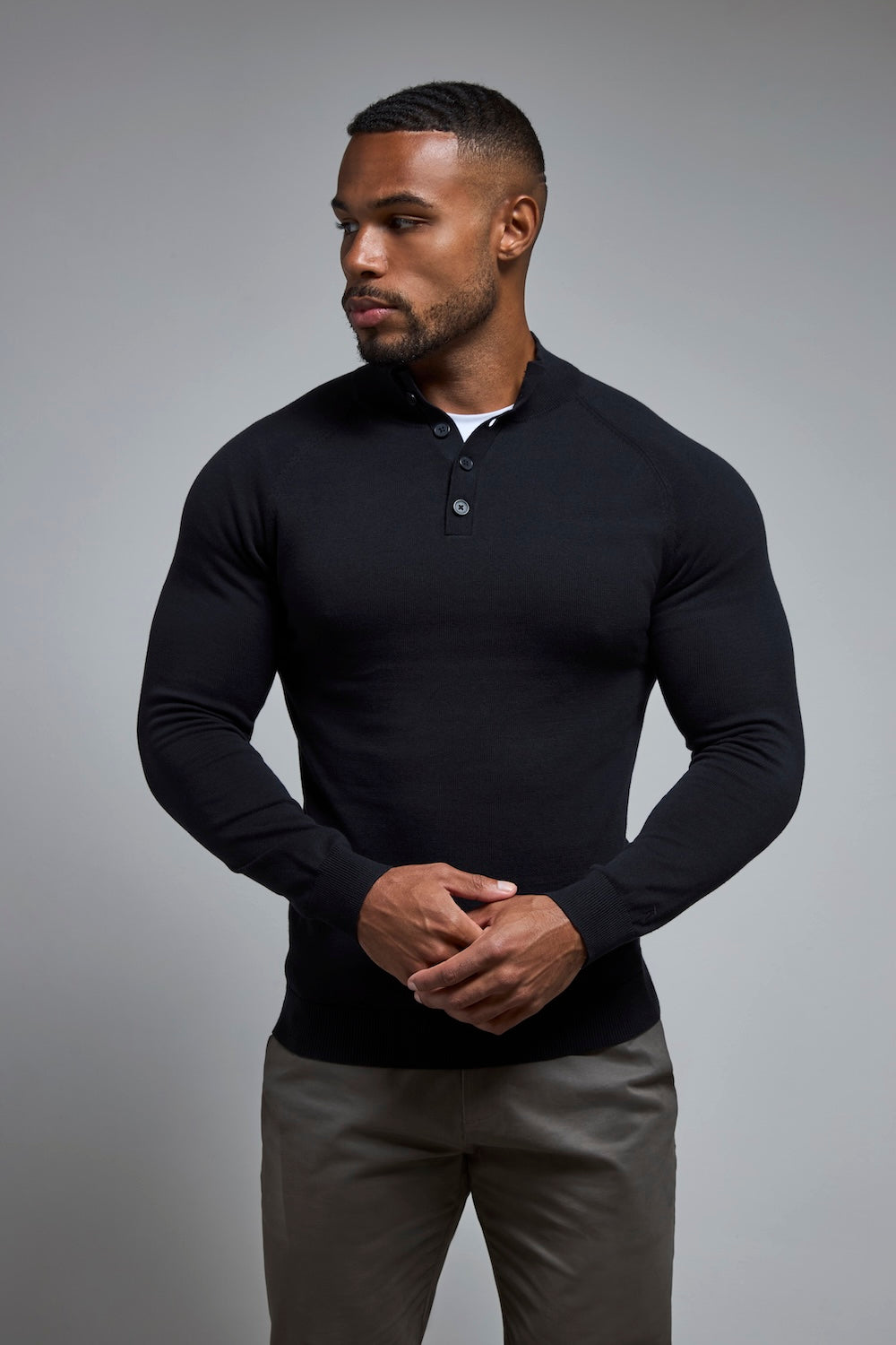 Pure Cotton Knitted Button Neck Jumper in Black