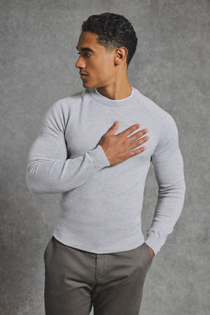 Pure Cotton Knitted Crew Neck Jumper in Silver Grey Marl