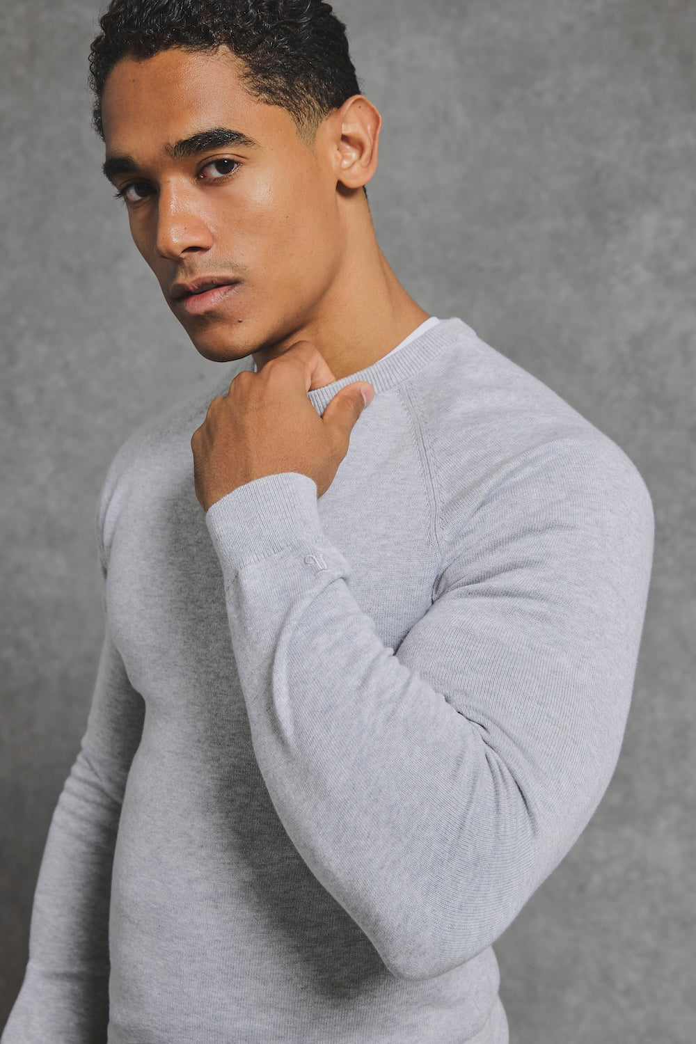 Pure Cotton Knitted Crew Neck Jumper in Silver Grey Marl