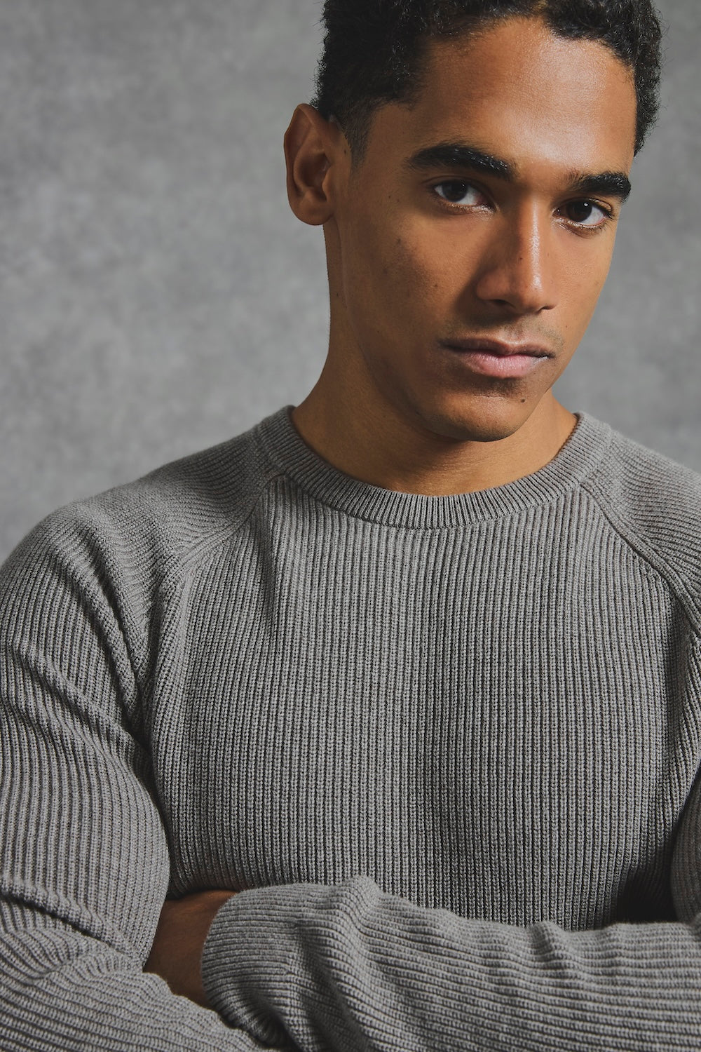 Pure Cotton Knitted Textured Crew Neck Jumper in Charcoal Marl