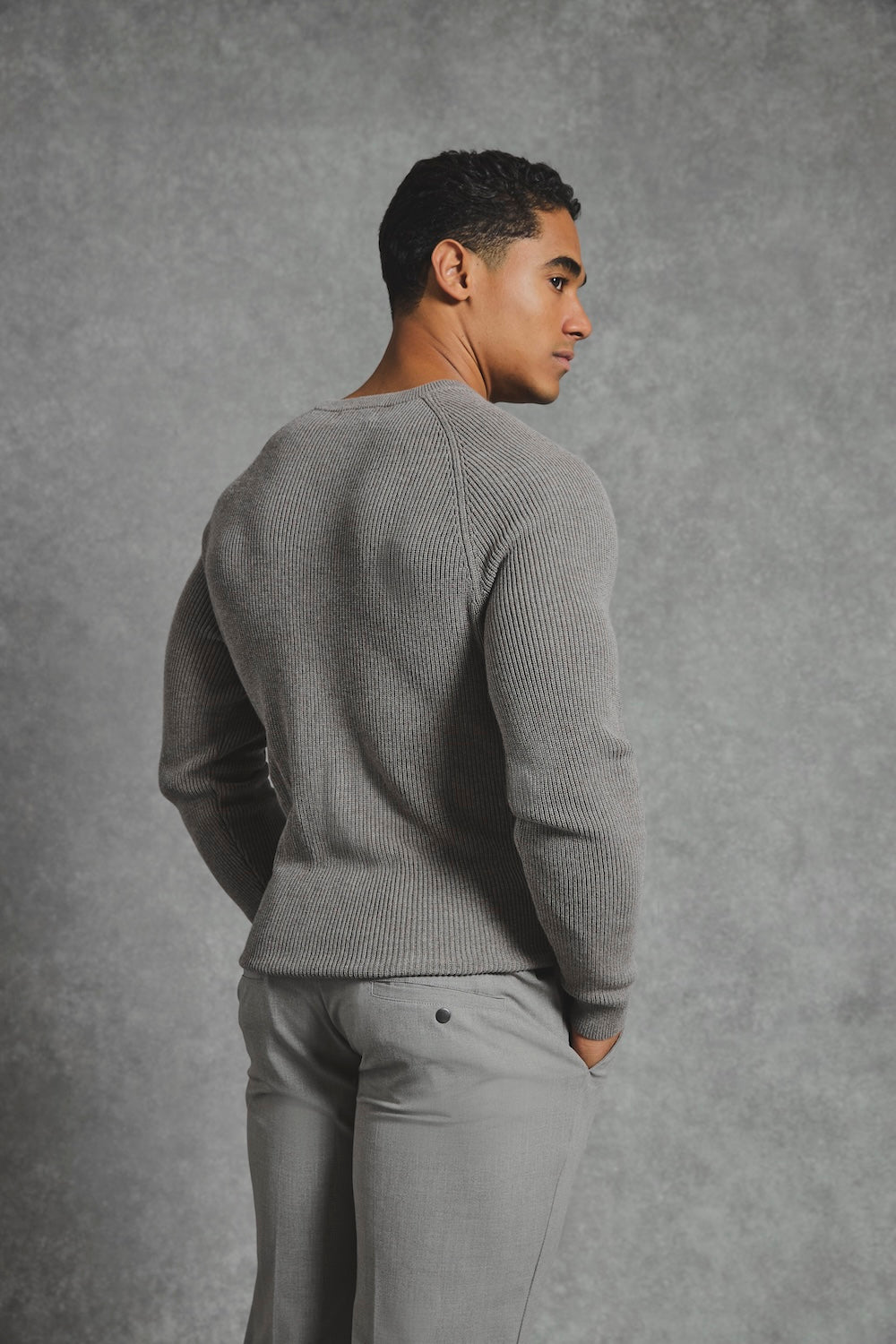 Pure Cotton Knitted Textured Crew Neck Jumper in Charcoal Marl