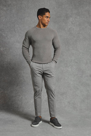 Pure Cotton Knitted Textured Crew Neck Jumper in Charcoal Marl