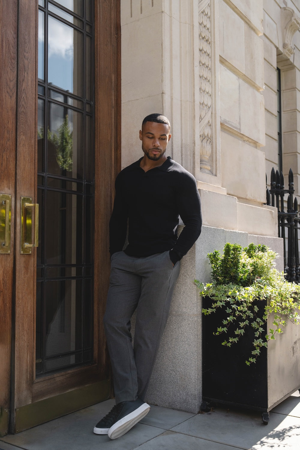 Pure Cotton Knitted Open Collar Polo Shirt in Black