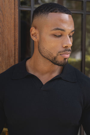 Pure Cotton Knitted Open Collar Polo Shirt in Black