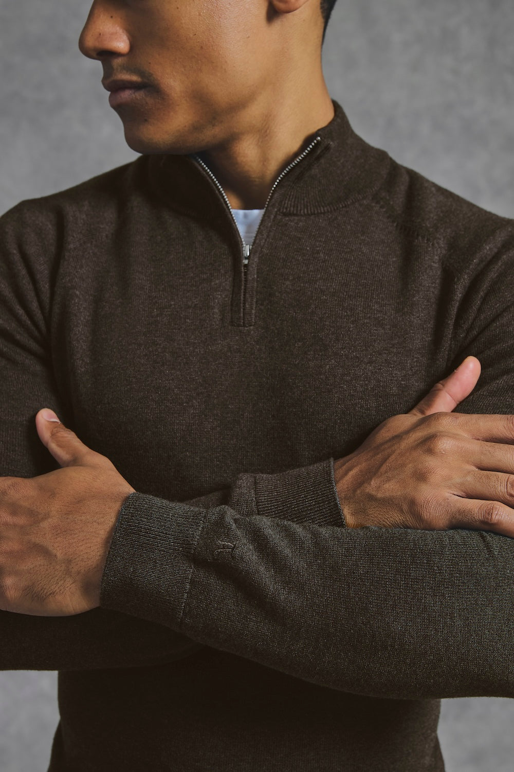 Pure Cotton Knitted Half Zip Neck Jumper in Brown Marl